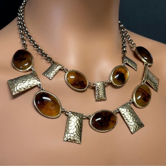 Chic Gold & Amber Stone Double Stranded Statement Necklace - Picture 1 of 7